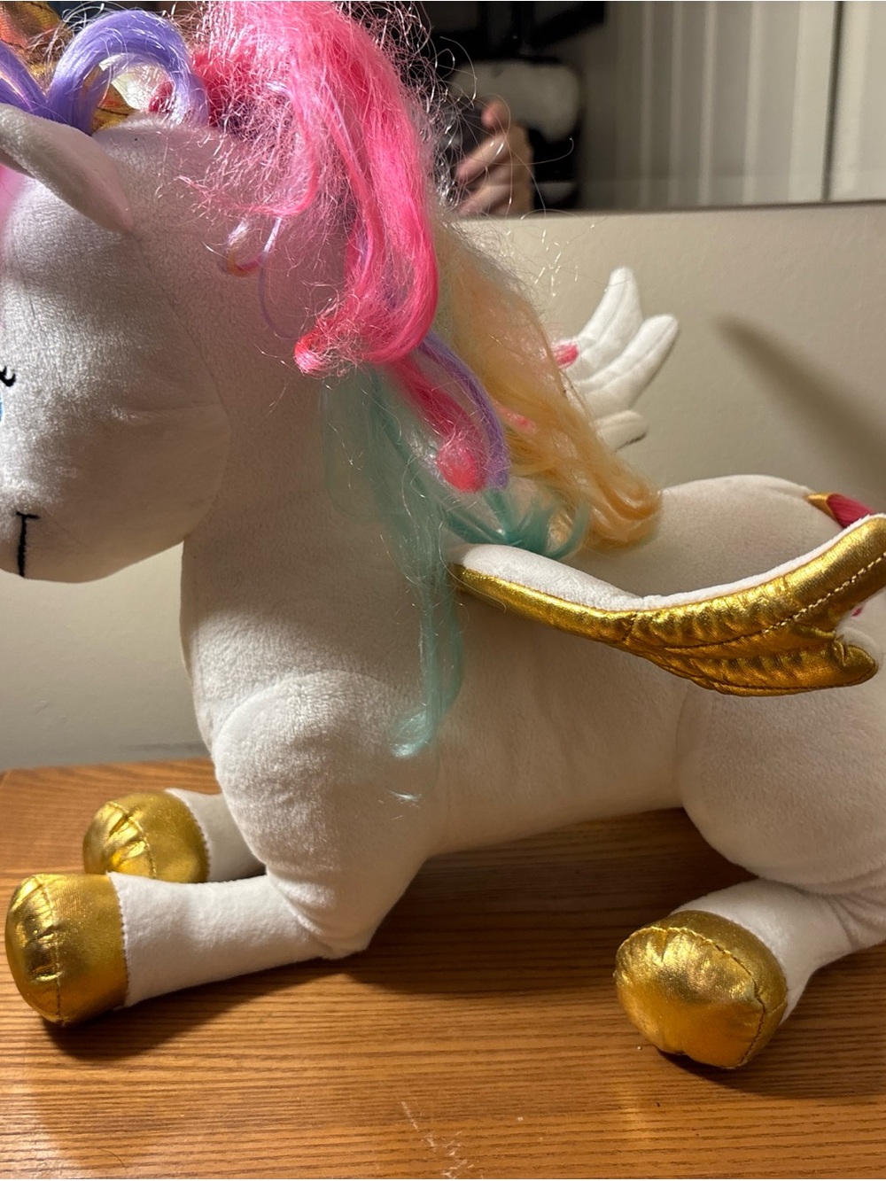 Barbie White Unicorn Plush with Pink Purple Blue Pastel Mane and Gold Wings